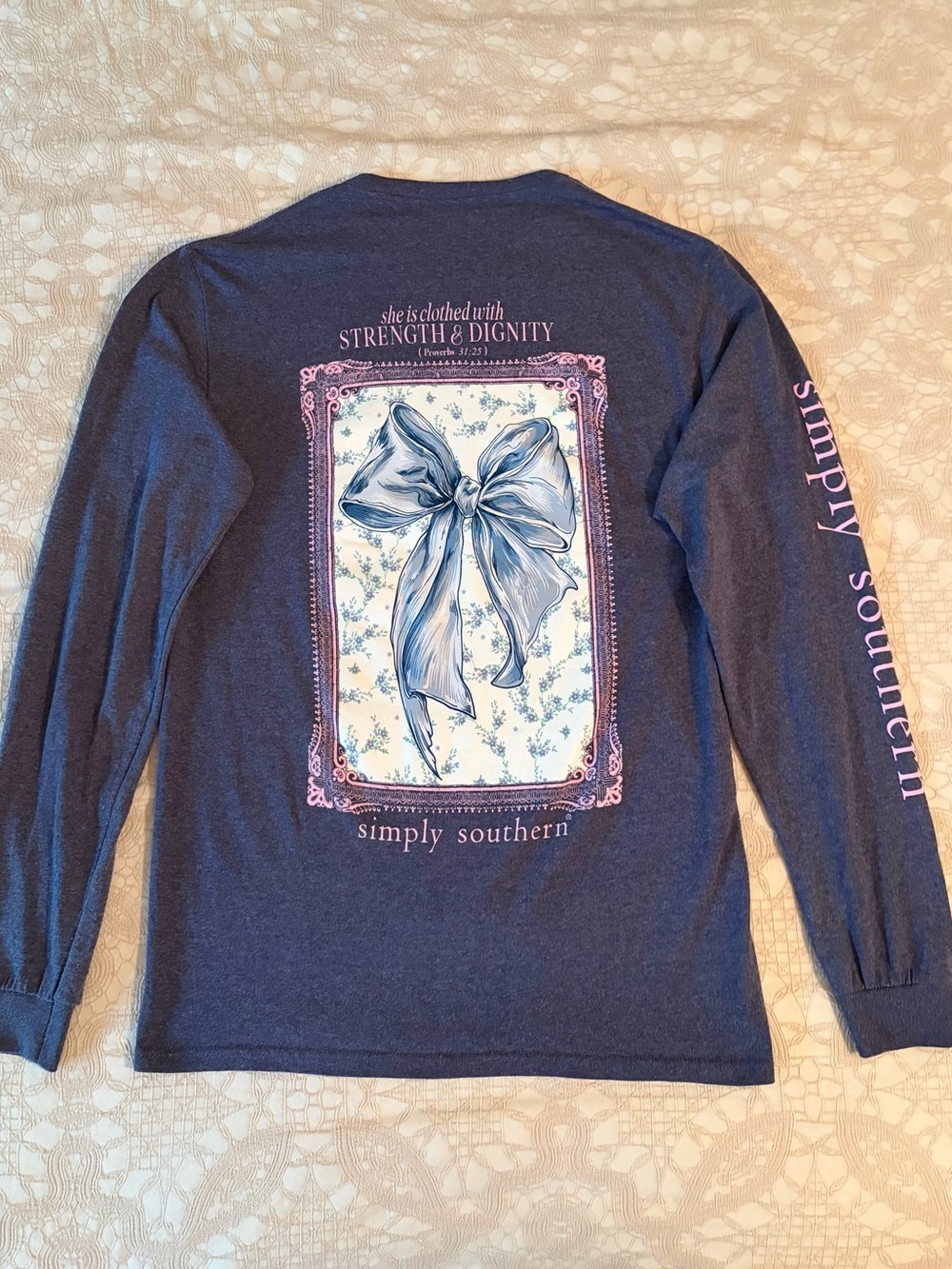 Simply Southern "Strength & Dignity" Floral Bow Long Sleeve T-Shirt - Size Small